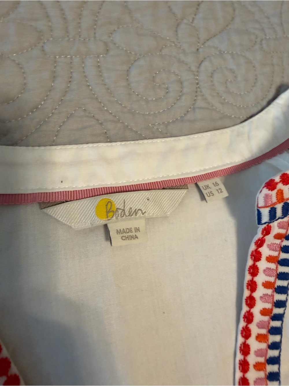 Boden White Embroidered V-Neck Boho Top with Orange & Navy Floral Accents, 12 - Picture 5 of 7